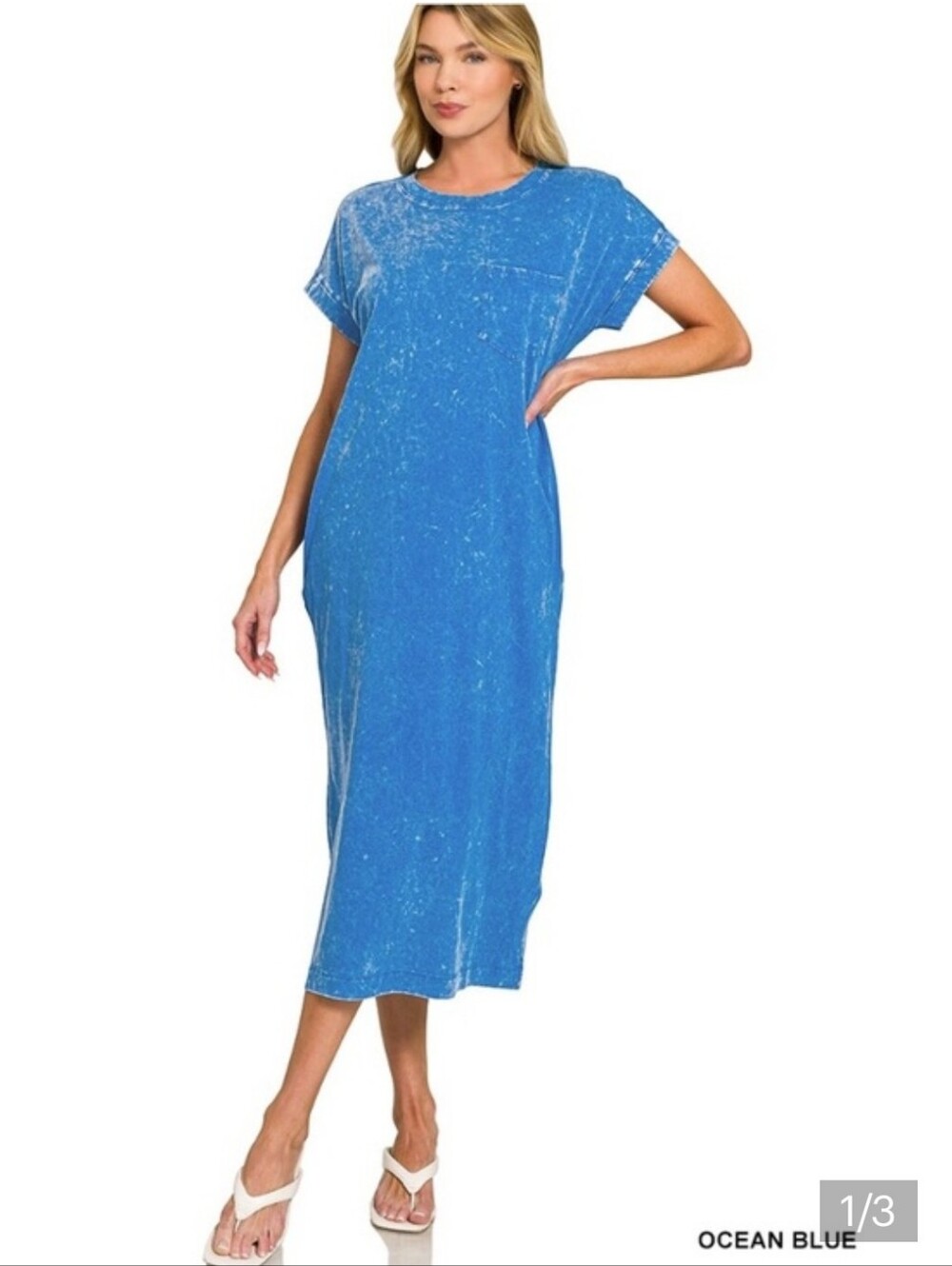 Zenana Acidwashed Ocean Blue Maxi T-Shirt Dress w Pockets Cotton